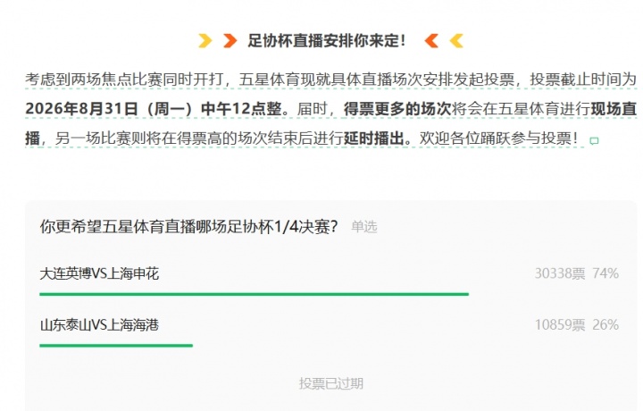 五星体育发布投票让球迷选择转播比赛，此前计划播海港现改播申花